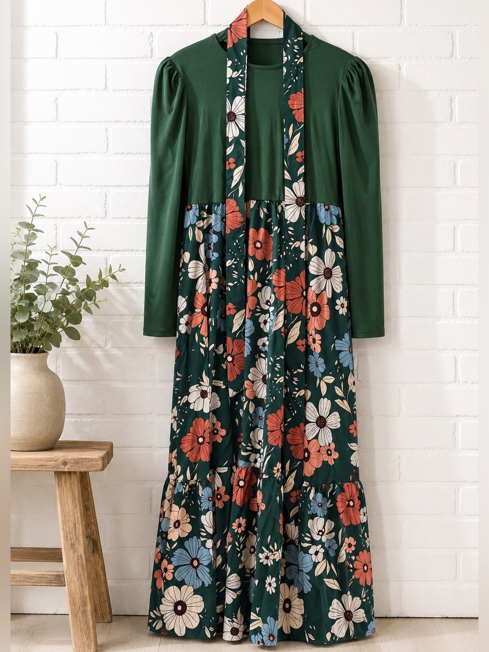 Women’s Green Floral Maxi Dress with Long Sleeves